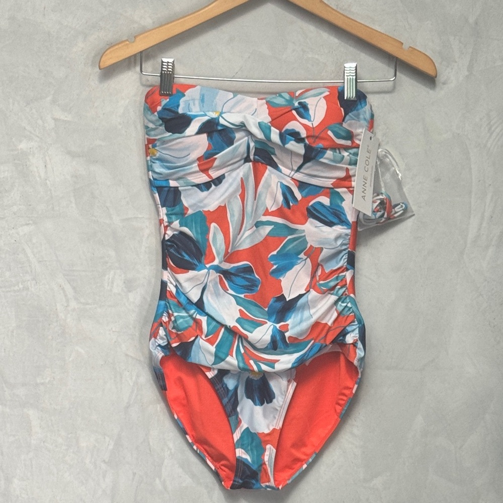 Anne Cole Women One-Piece Swimsuit - Coral and Blue Floral